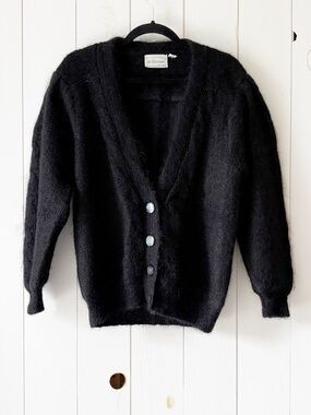 Vintage By Giovanni Black Kid Mohair V-Neck Button Cardigan Sweater Size Medium